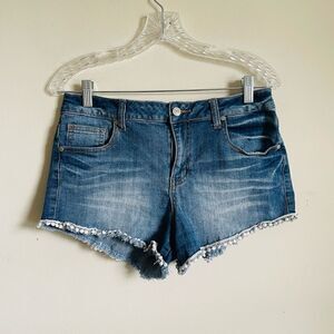 Altar’d State Dark Wash Denim Shorts Pom Pom Hem Size 28